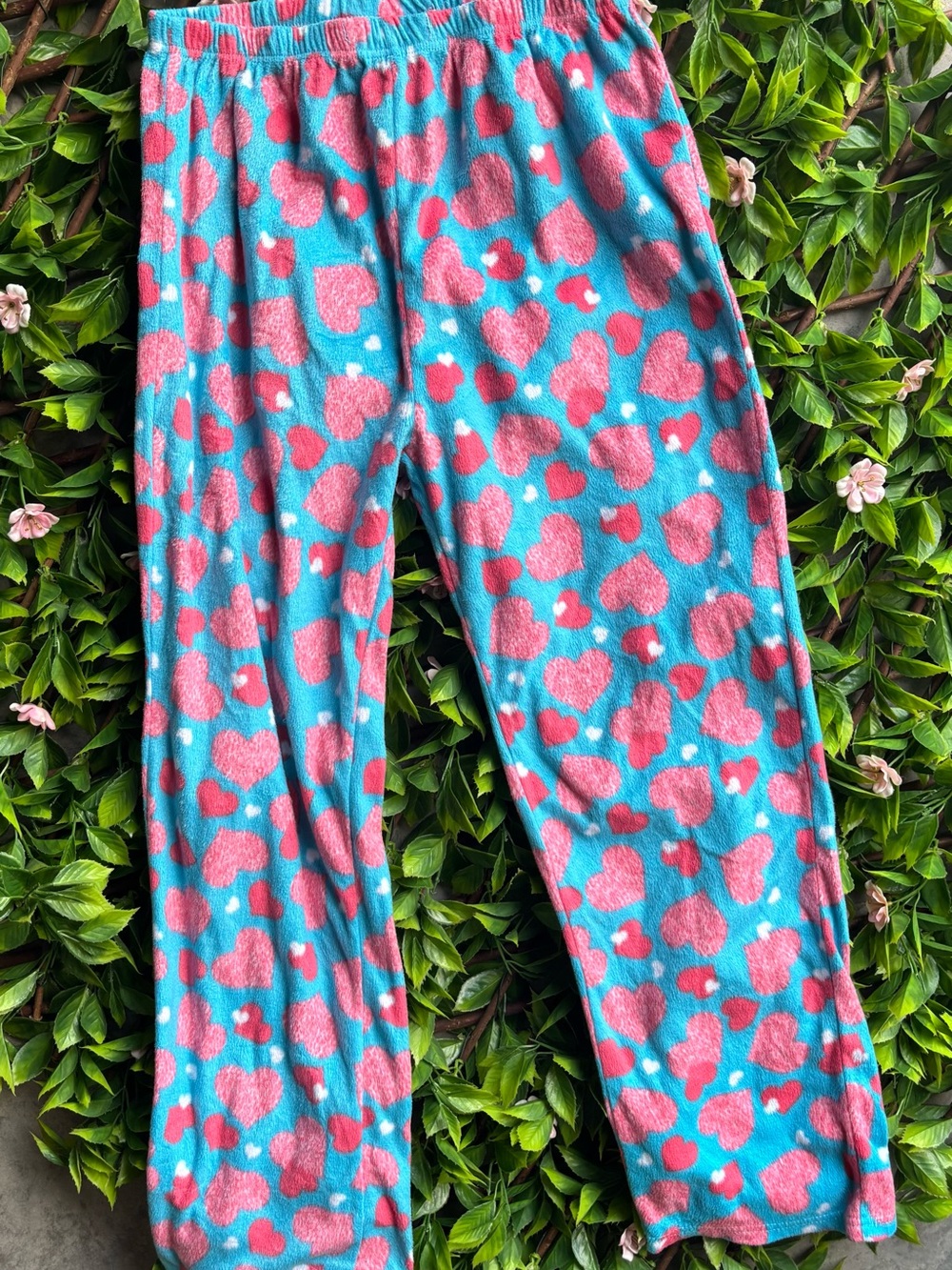 Blue Fleece Pajama Pants with Pink Heart Print L